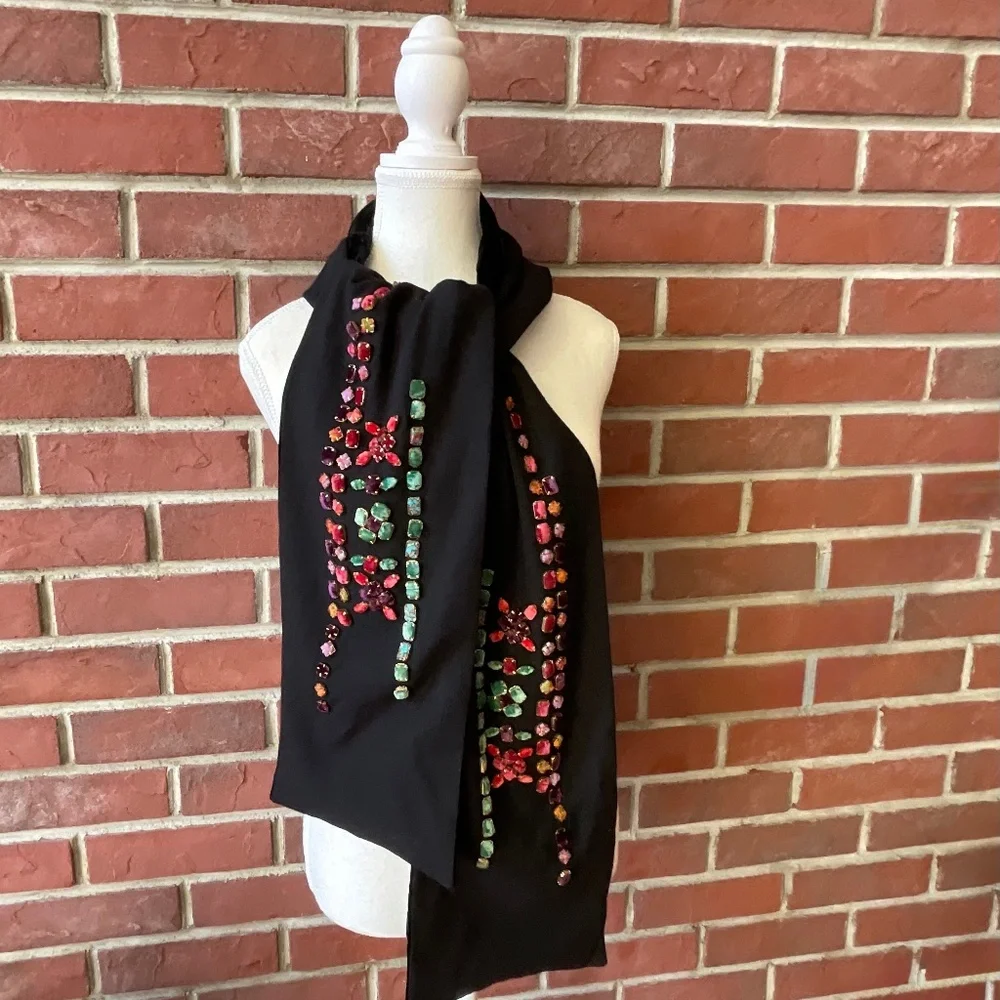 Etro Black Wool Velvet Scarf Embellished Multi Color Velvet Metal Bezels RARE